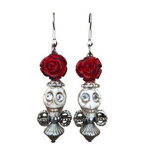 Handcrafted Skeleton Skull Day Of The Dead Rose Surgical Steel Wire Earrings